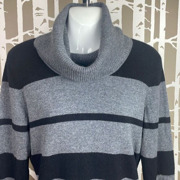 Cashmere Cowl Neck Striped Sweater L Black & Gray - Picture 3 of 9